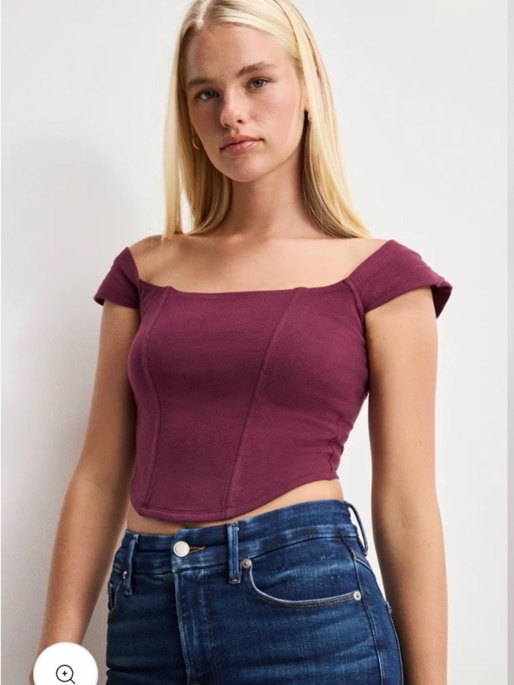 Good American Off-Shoulder Cropped Top in Plum NWT